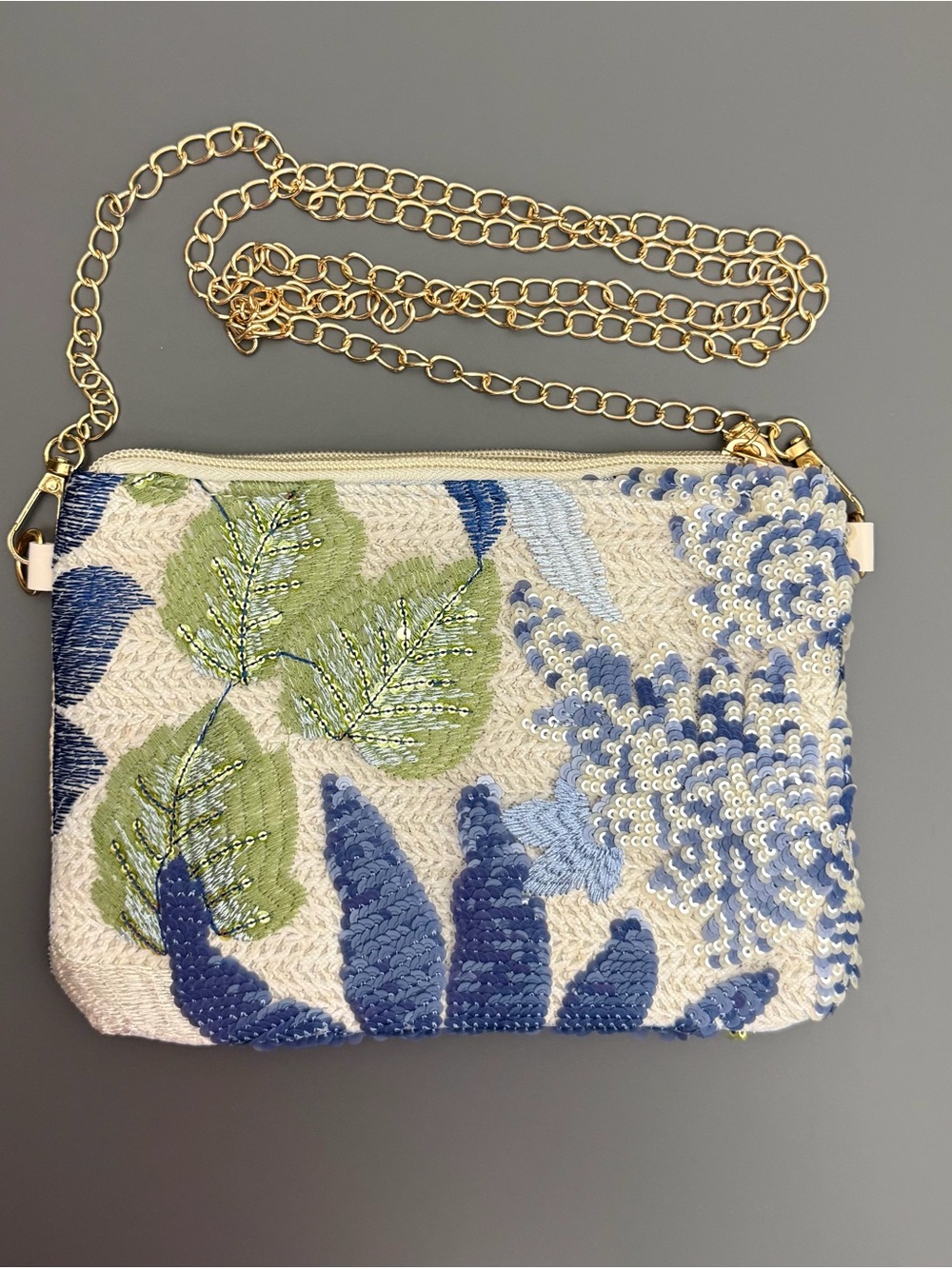 New Blue Floral Sequin Raffia Crossbody Clutch Bag Embroidered Straw
